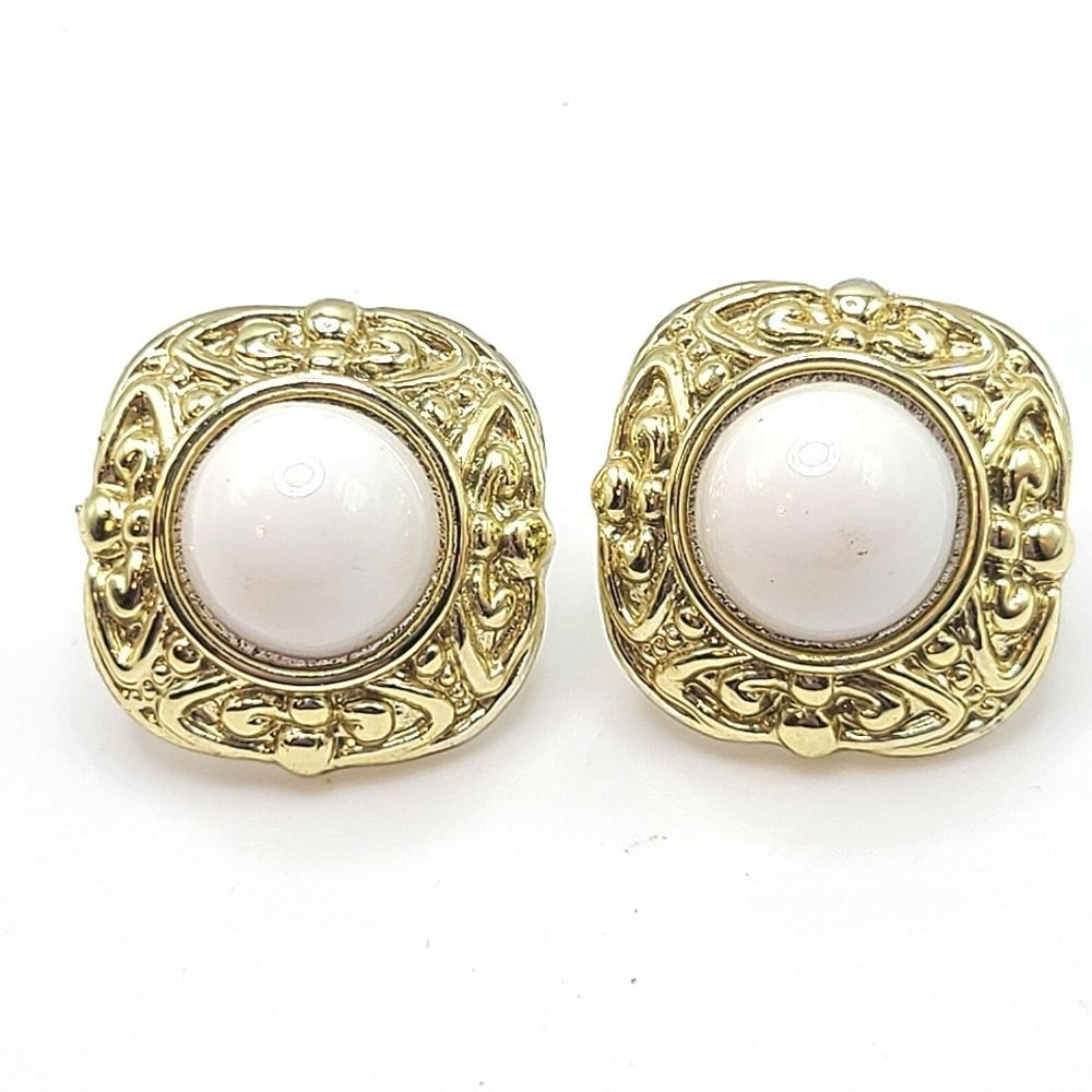 Gold and White Earrings, Pierced, Vintage